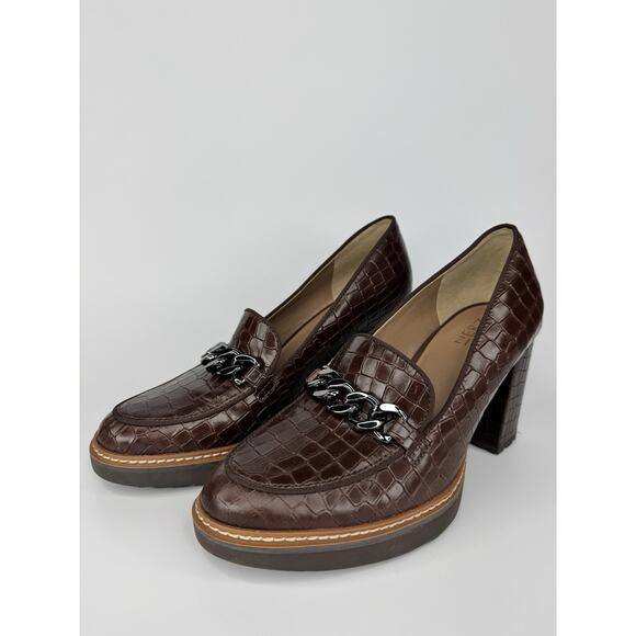 Naturalizer Callie Moc Womens 8W Brown Croc Leather Heeled Loafers Chain - Picture 1 of 13